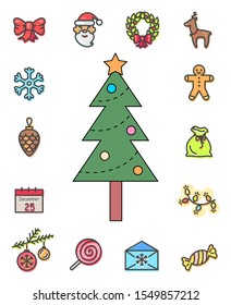 Pine tree with decoration on top of fir vector, isolated icons in flat style. Xmas outlines, santa claus and wreath, gingerbread man and deer symbol. Calendar and candy, cone and baubles toys