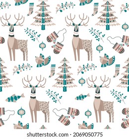 Pine tree and evergreen foliage, flying bird and fish, spruce and bauble. Reindeer animal, christmas and new year. Seamless pattern, background or print for xmas winter holiday. Vector in flat style