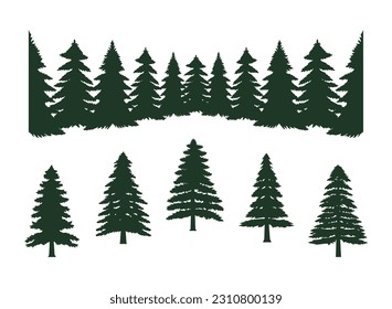 Pine tree of evergreen forest silhouette clipart vector, collection set isolated on white background.