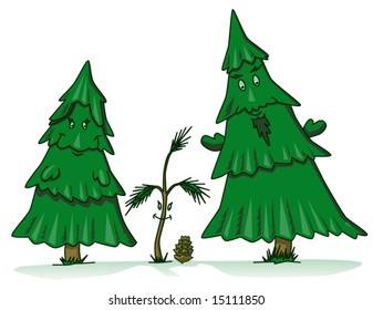 Pine tree family cartoon with sapling daughter and pinecone son