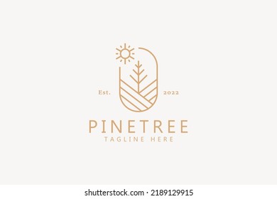 Concepto de logotipo de árbol de pino y filamento. Símbolo de signo de vacaciones de parque al aire libre y aventura forestal.