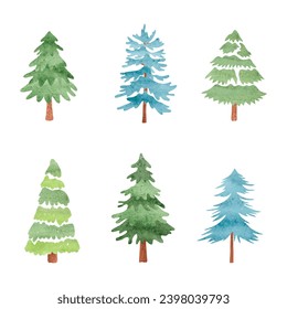 Pine tree and fir tree set. Vector watercolor illustration