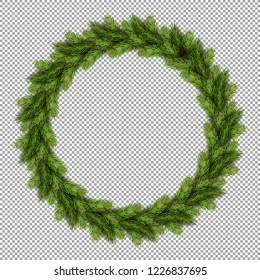 Pine Tree Fir Spruce Branch, Evergreen Pine Tree Twigs Isolated On Transparent Background Vector. Weath Decoration Of Home, Symbolic Christmas Decor Made In Circle Form, Firtree Needles Branchlet