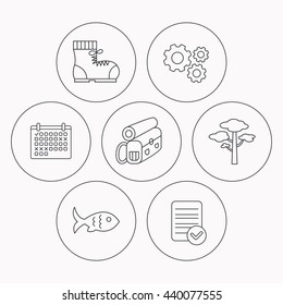 Pine tree, fish and hiking boots icons. Bonfire linear sign. Check file, calendar and cogwheel icons. Vector