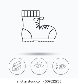 Pine tree, fish and hiking boots icons. Bonfire linear sign. Linear icons in circle buttons. Flat web symbols. Vector