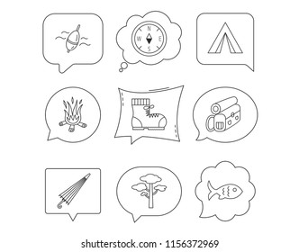 Pine tree, fishing float and hiking boots icons. Compass, umbrella and bonfire linear signs. Camping tent, fish and backpack icons. Linear Speech bubbles with icons set. Comic chat balloon. Vector