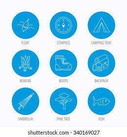Pine tree, fishing float and hiking boots icons. Compass, umbrella and bonfire linear signs. Camping tent, fish and backpack icons. Blue circle buttons set. Linear icons.