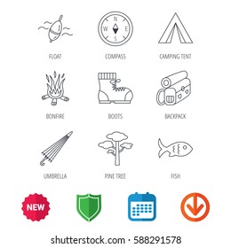 Pine tree, fishing float and hiking boots icons. Compass, umbrella and bonfire linear signs. Camping tent, fish and backpack icons. New tag, shield and calendar web icons. Download arrow. Vector