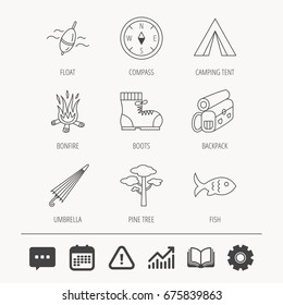 Pine tree, fishing float and hiking boots icons. Compass, umbrella and bonfire linear signs. Camping tent, fish and backpack icons. Education book, Graph chart and Chat signs. Vector