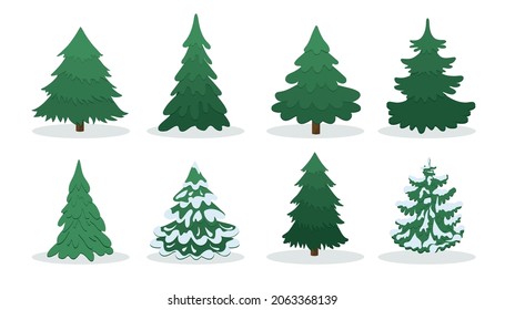 Pine tree flat style set. Cartoon pines collection. Christmas tree icon for banner, card, print, logo, poster, web, eco. Green trees decorative icons set on white background. Vector illustration.