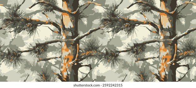 Pine Tree Forest Camouflage with Real Tree Branches and Leaves for Hunting and Military Use. Hunting Camouflage pattern. Seamless design. Jungle texture background. Vector