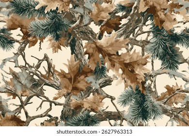 Pine Tree Forest Camouflage with Real Tree Branches and Leaves for Hunting . Hunting Camouflage pattern. Seamless design. Jungle texture background. Vector