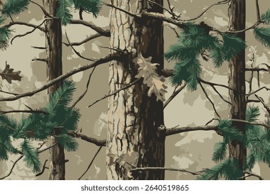 Pine Tree Forest Camouflage with Real Tree Branches and Leaves for Hunting and Military Use. Hunting Camouflage pattern. Seamless design. Jungle texture background. Vector