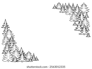 Pine tree forest tree decoration. Winter season frame, graphic line illustration. Transparent background in vector file.
