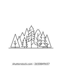 Pine tree forest line art. Simple woods or park landscape for nature design.