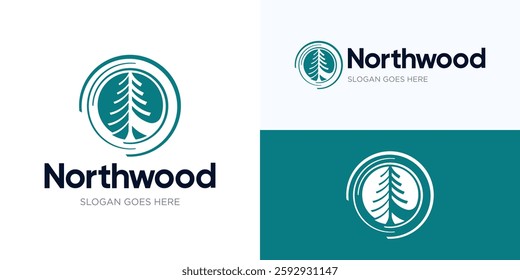 Pine tree forest logo design, Evergreen vector illustration, Creative wood logo icon design, Green tree symbol logo design, Usable for apartments, Villa, Real estate, Etc or anything related to nature