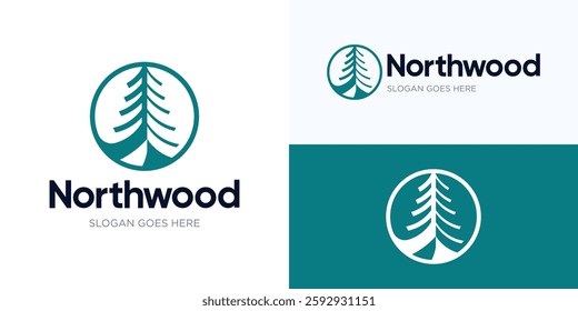 Pine tree forest logo design, Evergreen vector illustration, Creative wood logo icon design, Green tree symbol logo design, Usable for apartments, Villa, Real estate, Etc or anything related to nature