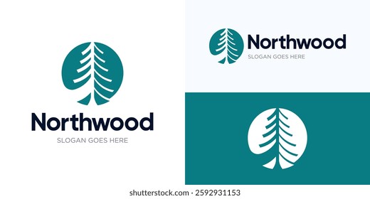 Pine tree forest logo design, Evergreen vector illustration, Creative wood logo icon design, Green tree symbol logo design, Usable for apartments, Villa, Real estate, Etc or anything related to nature