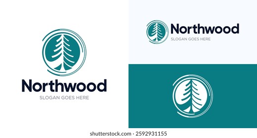 Pine tree forest logo design, Evergreen vector illustration, Creative wood logo icon design, Green tree symbol logo design, Usable for apartments, Villa, Real estate, Etc or anything related to nature