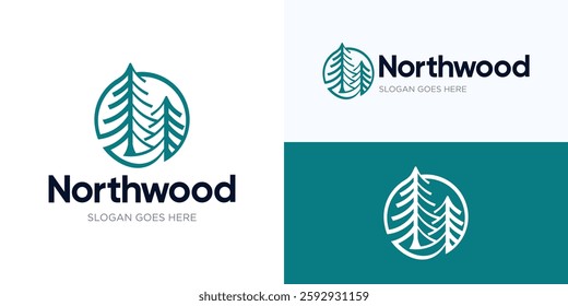 Pine tree forest logo design, Evergreen vector illustration, Creative wood logo icon design, Green tree symbol logo design, Usable for apartments, Villa, Real estate, Etc or anything related to nature