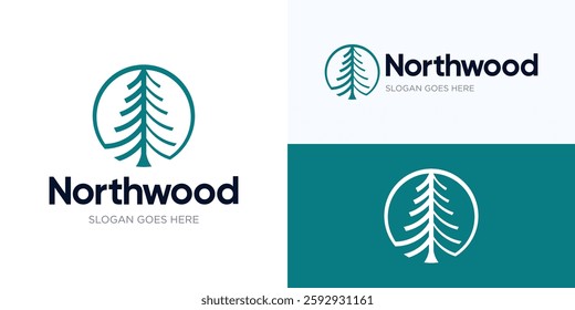 Pine tree forest logo design, Evergreen vector illustration, Creative wood logo icon design, Green tree symbol logo design, Usable for apartments, Villa, Real estate, Etc or anything related to nature