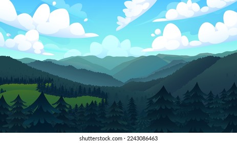 Pine Tree Forest with The Misty Mountains Behind, Vector Wallpaper