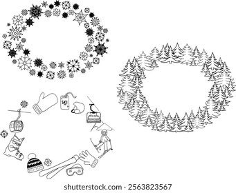 Pine tree forest, snowflakes, ski equipment oval frame set in graphic line style. vector template Merry Christmas hand written text. For holiday headers, banners, party posters.

