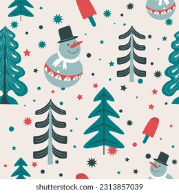 Pine tree forest and snowmen, falling snowflakes and nature of winter woods. Seasonal holidays celebration and festivities. Seamless pattern or background print wallpaper. Vector in flat style