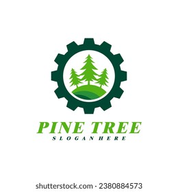 Pine Tree with Gear logo design vector. Creative Pine Tree logo concepts template
