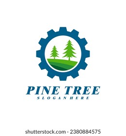 Pine Tree with Gear logo design vector. Creative Pine Tree logo concepts template