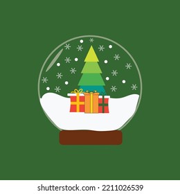Árbol de pinos y caja de regalo en el vector de glóbulos de nieve 