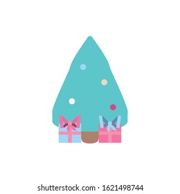 Pine tree and gifts design, Merry chritmas winter season decoration card invitation celebration and holiday theme Vector illustration