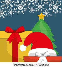 Pine tree gifts and hat icon. Merry Christmas decoration and season theme. Colorful design. Vector illustration