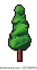 Pine tree with green leaves and branches, setting for play. Forest or wood decoration, plants and flora. Nature and wildlife. Pixelated isolated icon for 8 bit game, retro design. Vector in flat style