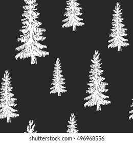 Pine tree hand drawn sketch retro, vintage Seamless Pattern. Vector Illustration