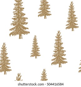 Pine tree hand drawn sketch retro, vintage Seamless Pattern. Vector Illustration