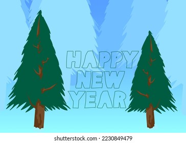 Pine Tree with Happy New Year text. Winter holiday vector cartoon illustration.