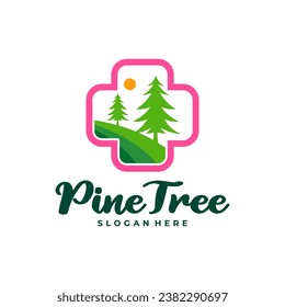 Pine Tree with Health Plus logo design vector. Creative Pine Tree logo concepts template