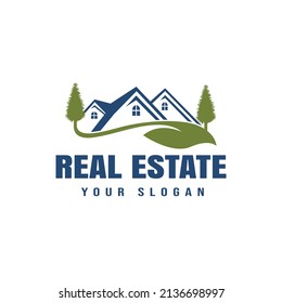 Pine tree house design logo, vector illustration of a pine tree that blends with the image of a house, real estate