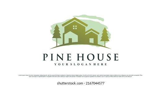 Pine tree and house logo design illustration with creative concept Premium Vector