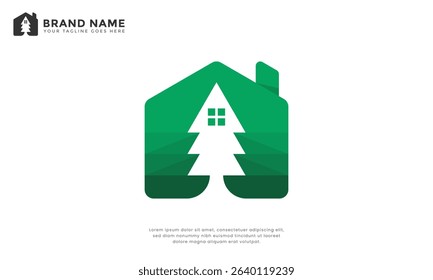 Pine Tree House Logo. Forest Cabin Real Estate Icon