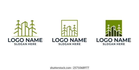 Pine tree and house logo vector design combination set, forest, construction, wood, logo design template, creative, idea.