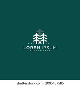 pine tree house outline logo modern design premium vector template.