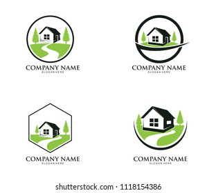 pine tree house property vector icon logo design template