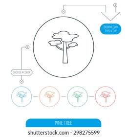 Pine tree icon. Forest wood sign. Nature environment symbol. Line circle buttons. Download arrow symbol. Vector