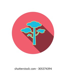 Pine tree icon. Forest wood sign. Nature environment symbol. Red flat circle button. Linear icon with shadow. Vector