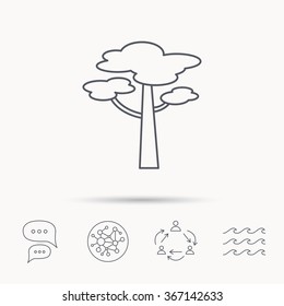 Pine tree icon. Forest wood sign. Nature environment symbol. Global connect network, ocean wave and chat dialog icons. Teamwork symbol.