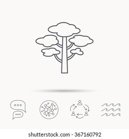 Pine tree icon. Forest wood sign. Nature environment symbol. Global connect network, ocean wave and chat dialog icons. Teamwork symbol.