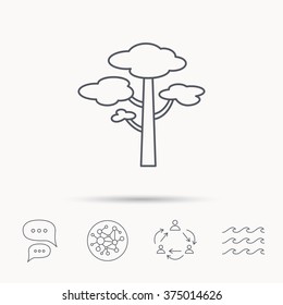 Pine tree icon. Forest wood sign. Nature environment symbol. Global connect network, ocean wave and chat dialog icons. Teamwork symbol.