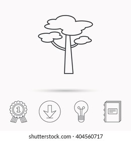Pine tree icon. Forest wood sign. Nature environment symbol. Download arrow, lamp, learn book and award medal icons.